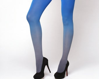 Grey blue ombre tights for women, opaque pantyhose fashion, Christmas outfit gift for her