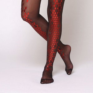 Red dragon tights, cosplay costume outfit, gothic fashion, thin sheer pantyhose