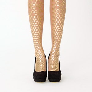 Mermaid tights, glossy gold fish scale pattern, tattoo tights gift for women under 30