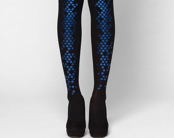 Blue mermaid goth tights, alternative fashion semi-opaque fish scale cosplay pantyhose.