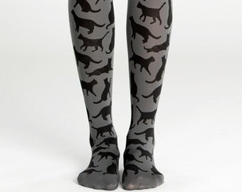 Cat silhouette tights, gift for cat lovers, hand printed opaque pattern leggings