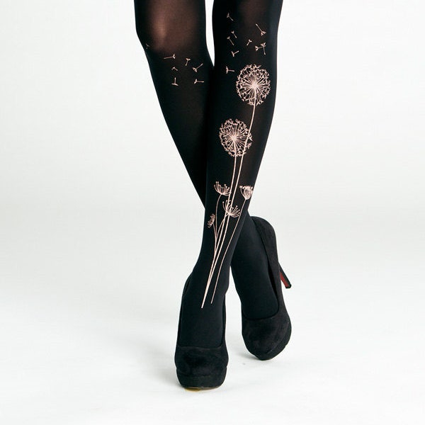 Dandelion floral tights in black S-4X size,  super smooth opaque Strumpfhose,  gift for her, plus size clothing pattern