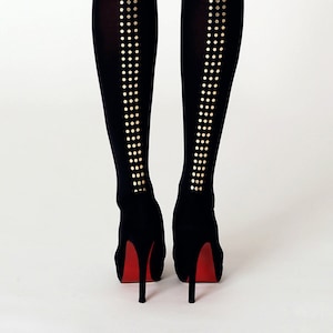 S-XXL gold tights, elegant accessories, black gold seamed tights with small dots, metallic patterned fabric plus size hoisery