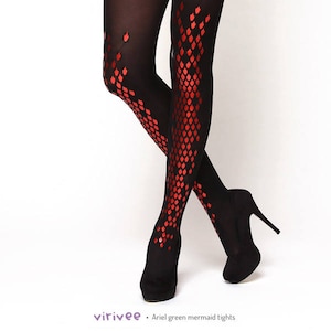 Red dragon tights, goth fashion semi-opaque panythose, cosplay costume gift for sister