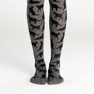 Cat silhouette tights, gift for cat lovers, hand printed opaque pattern leggings