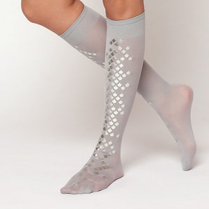 Grey mermaid knee high tights with silver scales. Semi-opaque mermaid scale knee stocking. Knee socks.