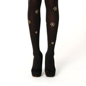 Golden snowflake tights, gold printed black opaque winter snow Christmas pantyhose in S-4XL sizes