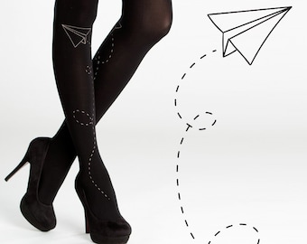 Paper Airplane tights for women, Plus size tights, patterned opaque pantyhose, spandex tights
