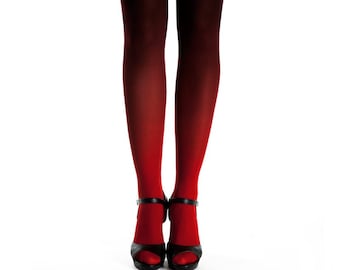 Ombre tights for women red-black, gift for mom, opaque gradient pantyhose for Christmas