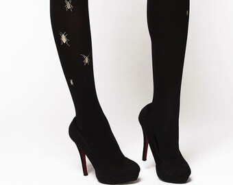 Beetle tights, gold printed black opaque pantyhose in S-4XL sizes