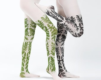 Forest illustration tights, opaque pantyhose with floral pattern, bird and leaf motif artistic clothing