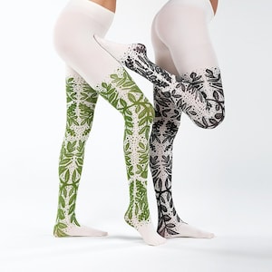 Meias-calças com ilustração de floresta, meias-calças opacas com padrão floral, motivos de pássaros e folhas, roupas artísticas