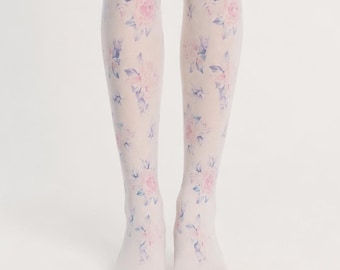 Plus size blue rose printed floral tight, printed summer pantyhose, beautiful wedding fashion, printed  accessory for brides bridesmaids