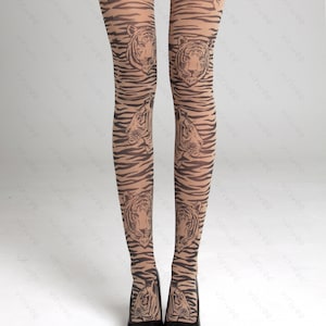 Tiger tights, animal print clothing, tigre pattern fashion, fancy safari striped printed brown semi-opaque material image 2