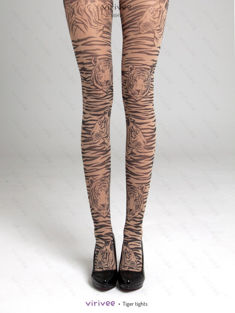 Tiger tights, animal print clothing, tigre pattern fashion, fancy safari striped printed brown semi-opaque material image 2