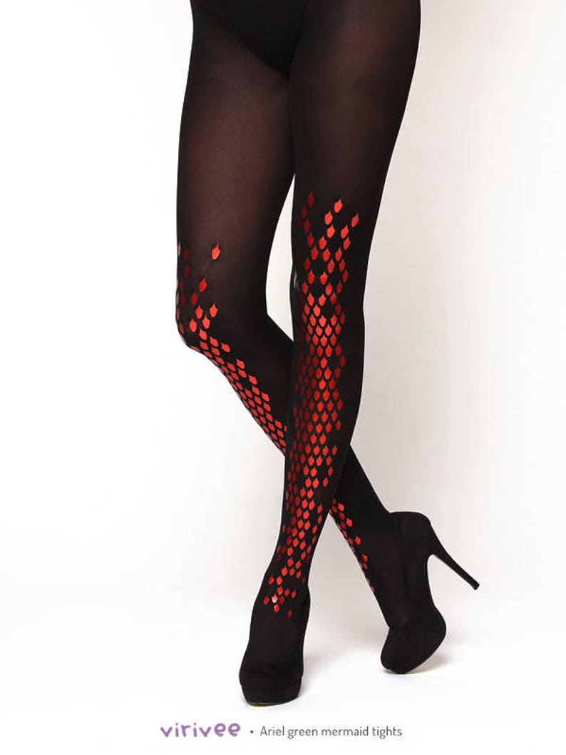 Red dragon tights, goth fashion semi-opaque panythose, cosplay costume gift for sister image 1