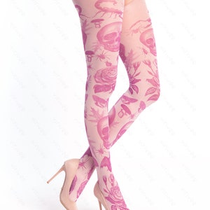 Pastel gothic tights, skull bat moth goth pattern on pink semi-opaque tights for women, alternative grounge pagan clothing image 2