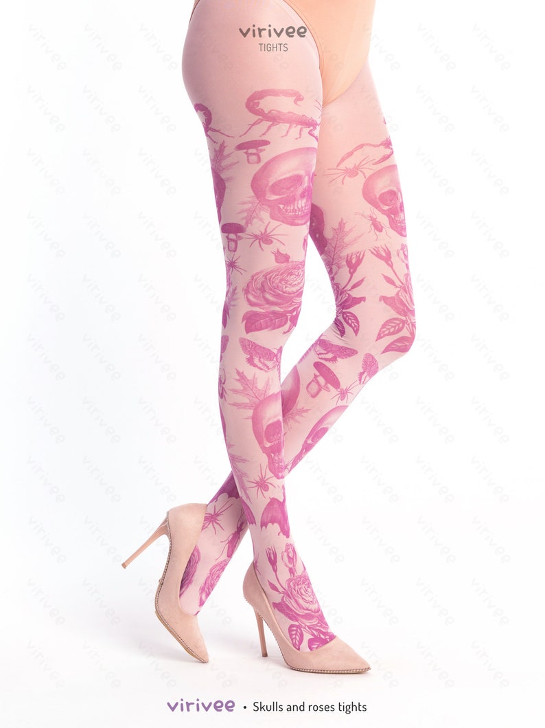 Pastel gothic tights, skull bat moth goth pattern on pink semi-opaque tights for women, alternative grounge pagan clothing image 2