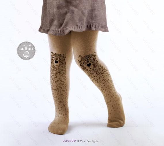 Bear Tights 1-8 YEARS Baby Toddler Girl in Brown, Cotton Pantyhose 