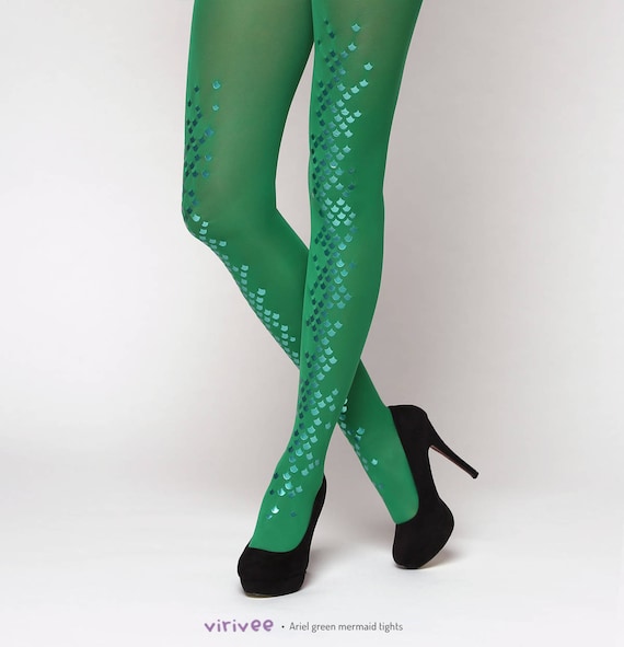 Goth Mermaid Tights OR Thigh Highs With Pearlescent Green Fish