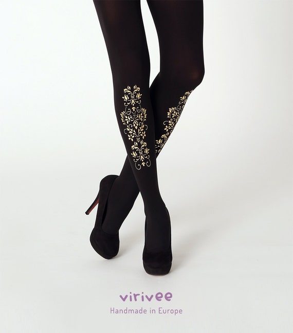 Floral Pattern Tights, Golden Ornament, Plus Size Christmas Pantyhose, Gift  for Wife 