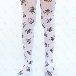 Bee tights for girls, printed bumblebee patterned pantyhose for birthday party outfit 4-12 YEARS old kids image 2