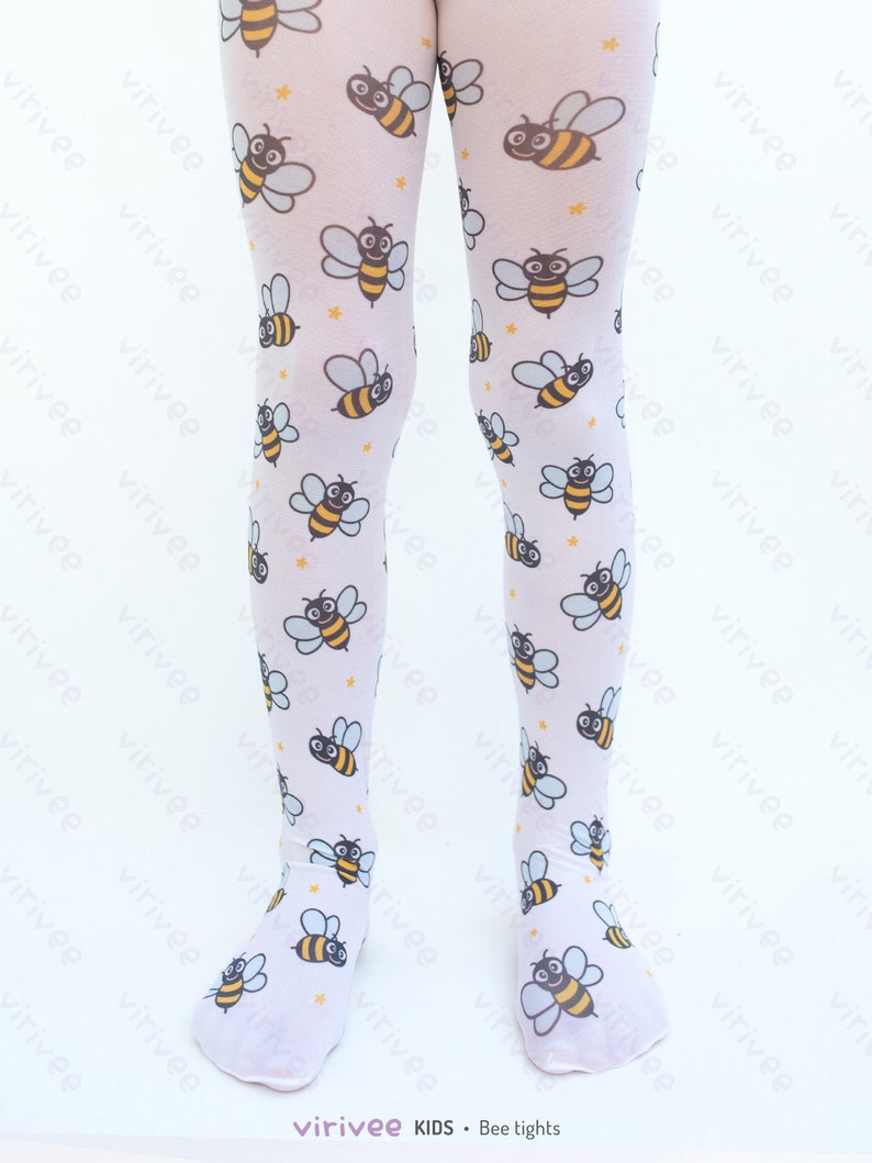 Bee tights for girls, printed bumblebee patterned pantyhose for birthday party outfit 4-12 YEARS old kids image 2