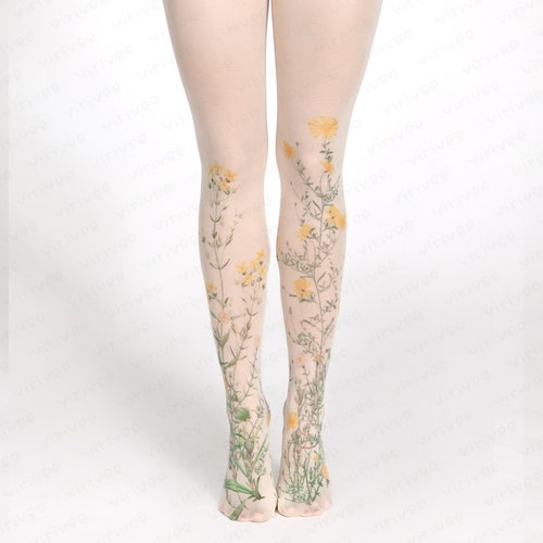 Yellow meadow floral tights for women, nature lover girl clothing, cottagecore outfit, printed wedding accessory for brides bridesmaids