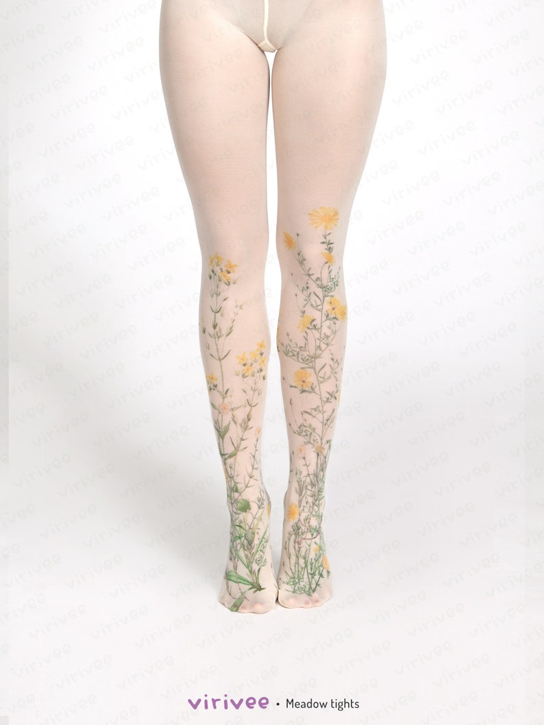 Yellow meadow floral tights for women, nature lover girl clothing, cottagecore outfit, printed wedding accessory for brides bridesmaids image 1