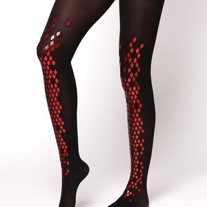 Red dragon tights, goth fashion semi-opaque panythose, cosplay costume gift for sister image 2