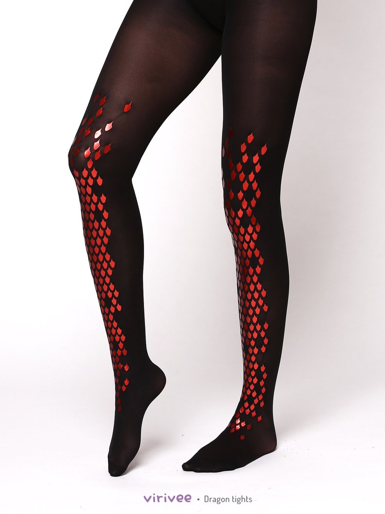 Red dragon tights, goth fashion semi-opaque panythose, cosplay costume gift for sister image 2