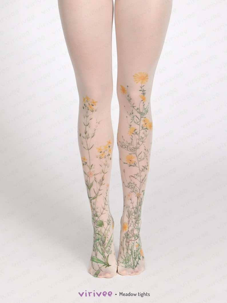 Yellow meadow floral tights for women, nature lover girl clothing, cottagecore outfit, printed wedding accessory for brides bridesmaids image 3