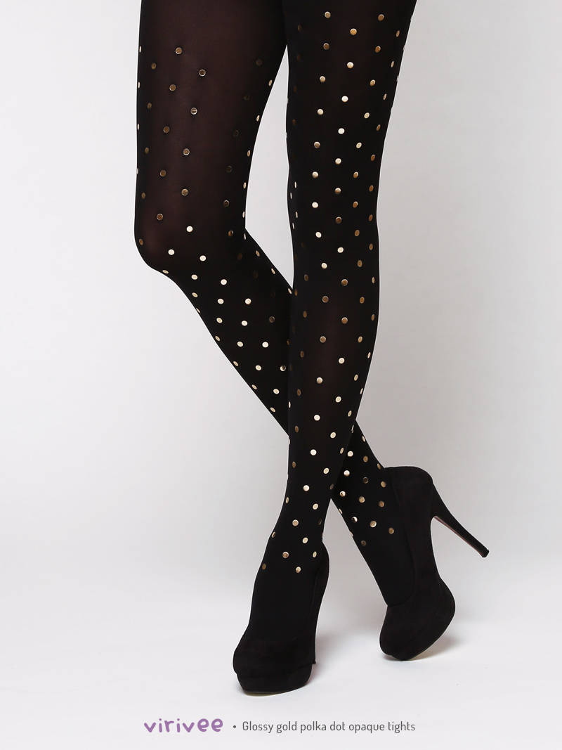 Golden Polka Dot Tights, Valentine's Gift for Women, Shiny Opaque