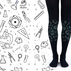 May include: Black tights with a teal science-themed pattern. The pattern includes images of beakers, microscopes, atoms, and other science-related objects.