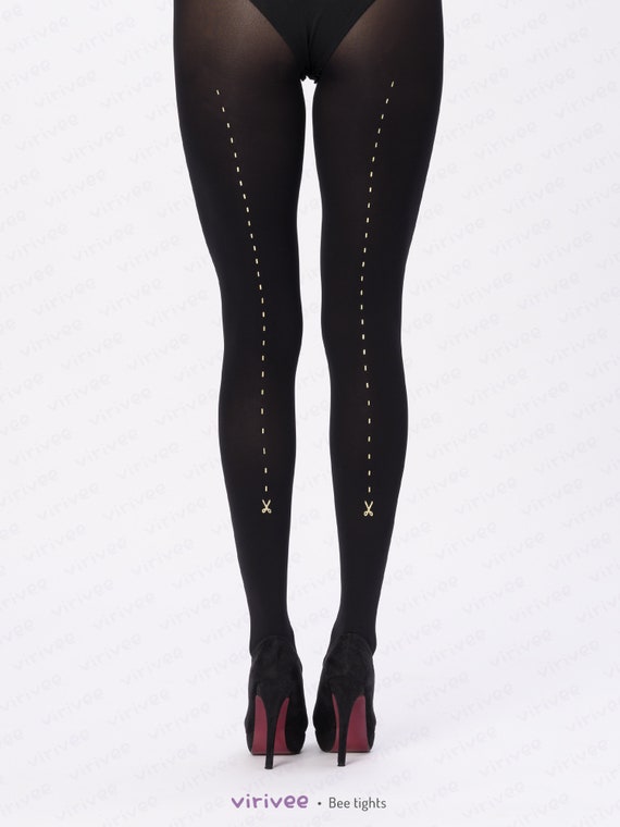 Scissors cut seamed tights, S-3XL plus size black clothing, gold and silver pattern
