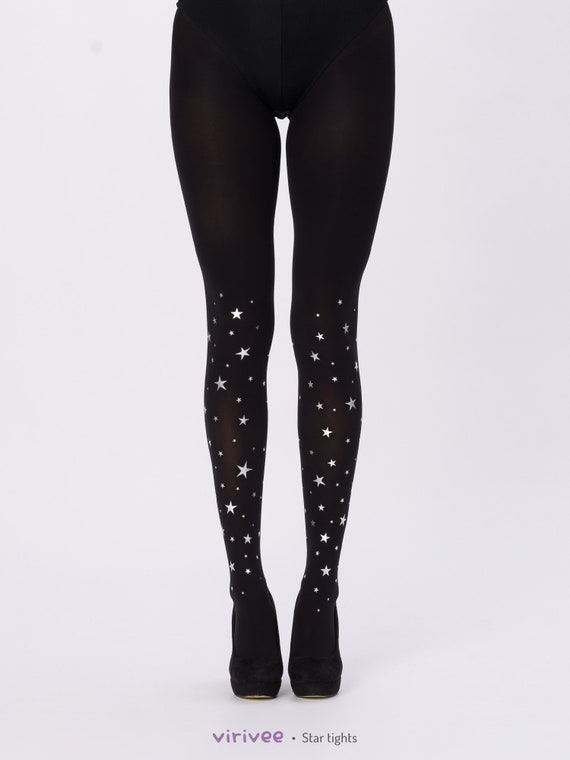 Sparkling Star Tights for Women With Silver Gold Print, Celestial Black  Opaque Pantyhose for Christmas, Plus Size Clothing, Witchy Fashion 