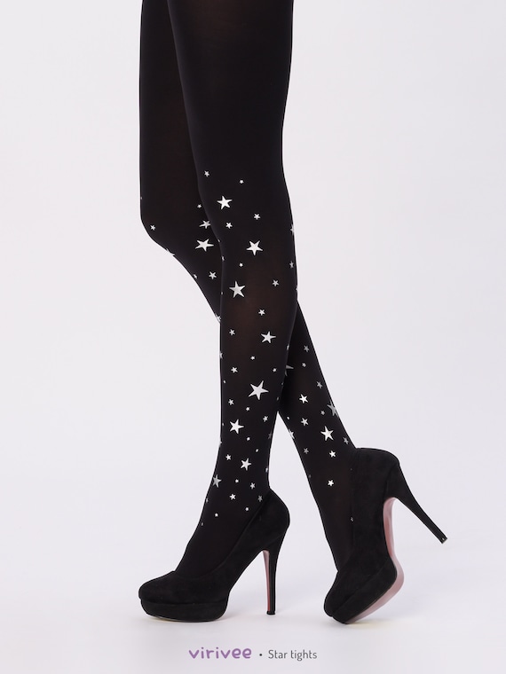 Sparkling Star Tights for Women With Silver Gold Print, Celestial