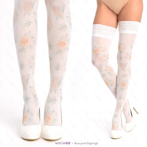 Yellow rose printed floral thigh high, beautiful wedding fashion, printed stay-ups tights, accessory for brides bridesmaids,