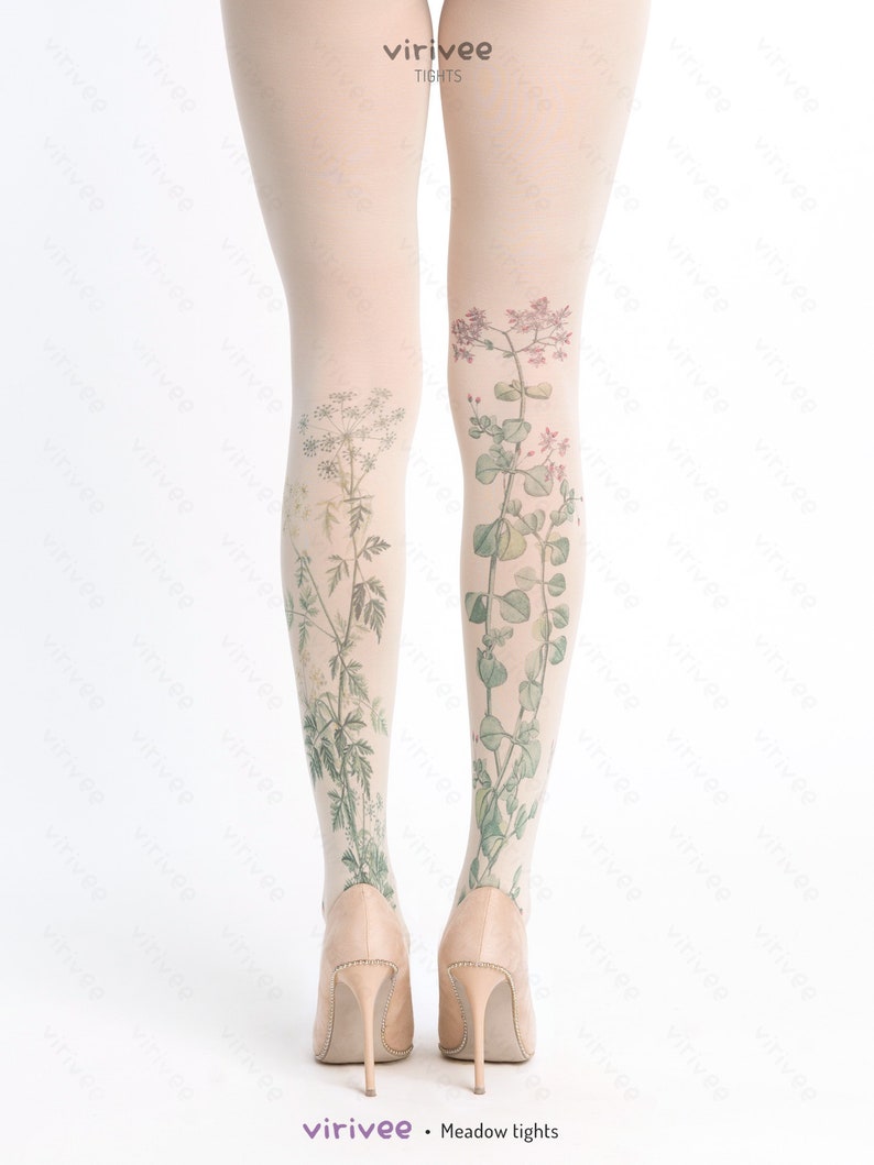 Meadow floral tights for women, nature lover girl clothing, cottagecore outfit, printed wedding accessory for brides bridesmaids image 3