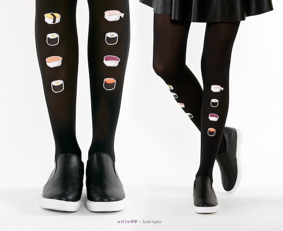 Sushi patch tights, kawaii sushi lover clothing, harajuku fashion, semi-opaque tighst for women