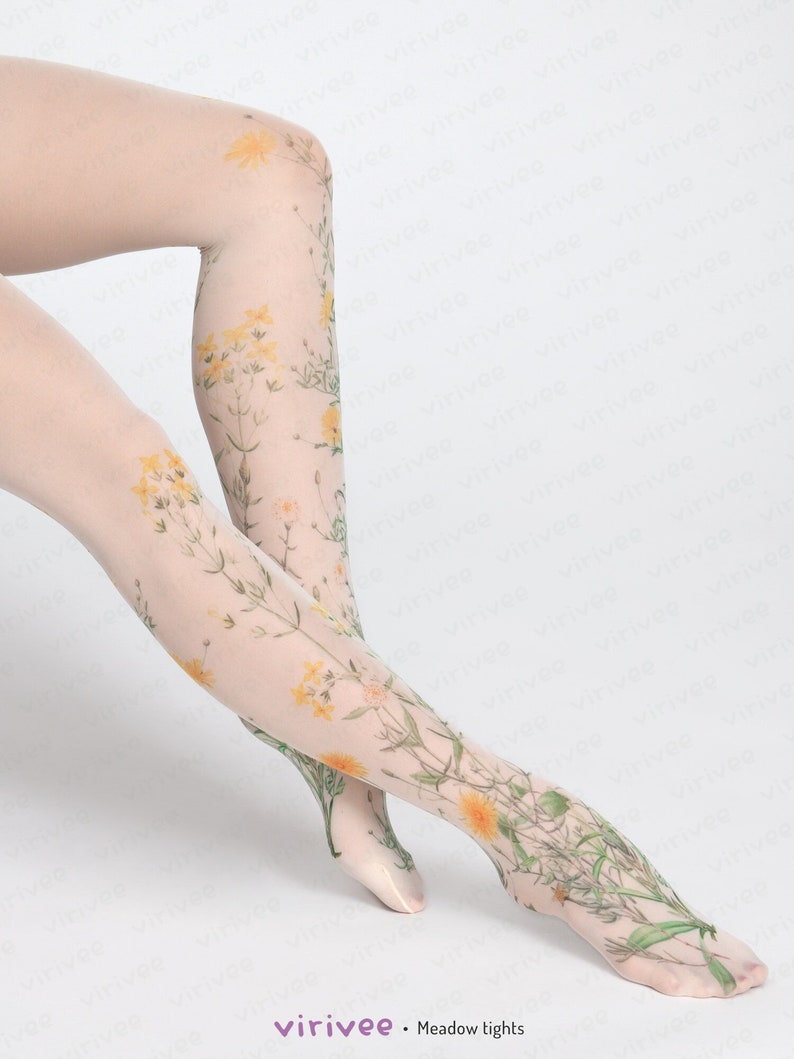 Yellow meadow floral tights for women, nature lover girl clothing, cottagecore outfit, printed wedding accessory for brides bridesmaids image 2