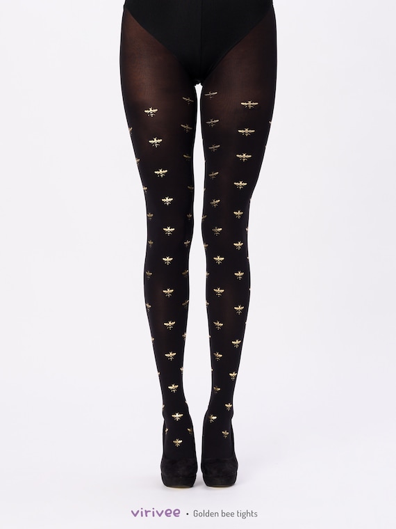 Bee Tights With Gold Print, Bumblebee Pattern on Black Opaque Pantyhose in  Plus Size, Glossy Shiny Bee Tights 