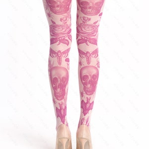 Pastel gothic tights, skull bat moth goth pattern on pink semi-opaque tights for women, alternative grounge pagan clothing image 3