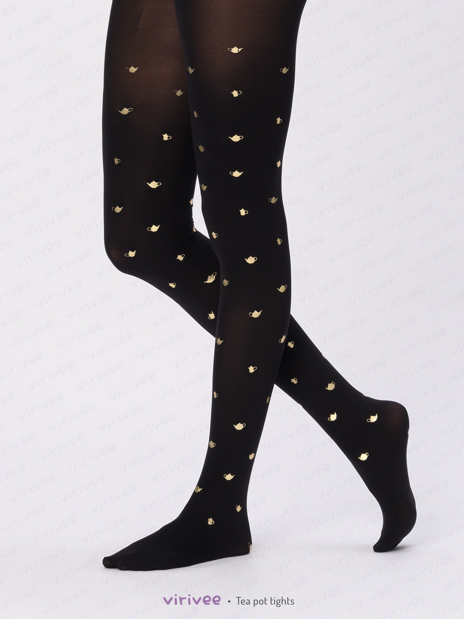 Bee Tights With Gold Print, Bumblebee Pattern on Black Opaque