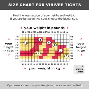 May include: Size chart for Virivee tights, a grid showing the intersection of height in feet and inches and weight in pounds, with corresponding sizes indicated by numbers 1-2, 3, 4, 5, 6, 7, and 8.  The chart also shows the same information with height in centimeters and weight in kilograms.