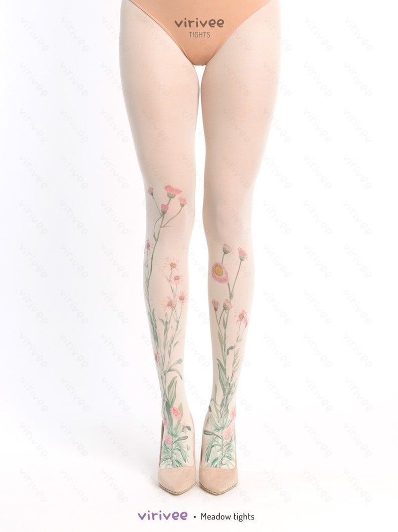 Meadow floral tights for women, nature lover girl clothing, cottagecore outfit, flower for brides bridesmaids wedding image 1