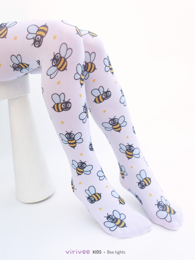 Bee tights for girls, printed bumblebee patterned pantyhose for birthday party outfit 4-12 YEARS old kids image 1