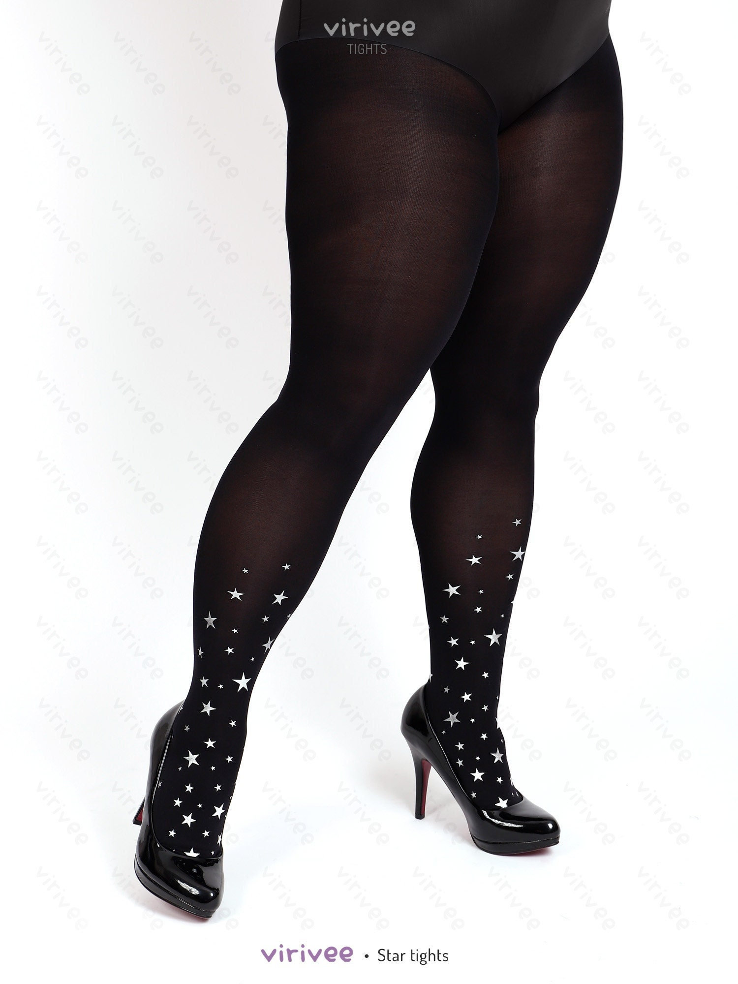 Sparkling Star Tights SILVER Print, Black Opaque Pantyhose for