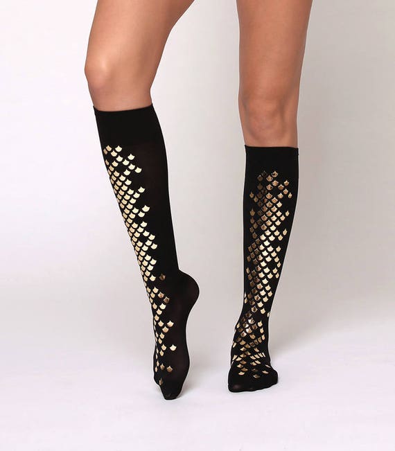 Black mermaid knee high tights with glossy gold scales/ | Etsy