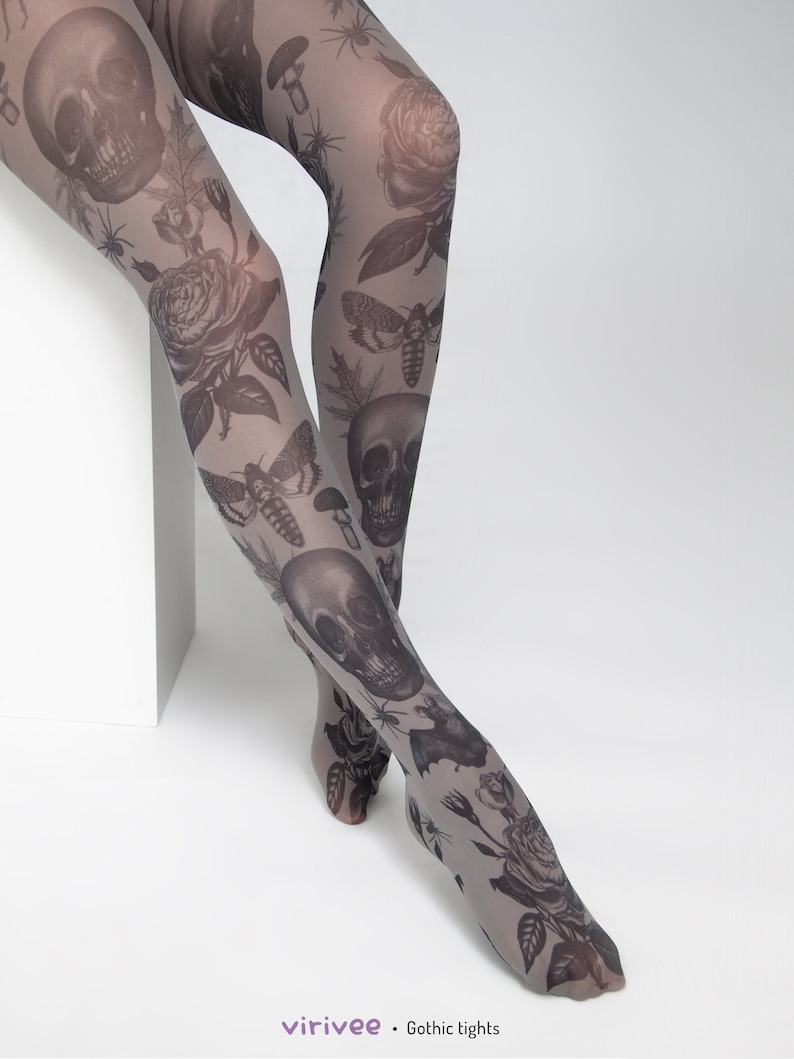 Gothic tights for women, skull bat moth pattern on black semi-opaque tights for women, alternative pagan clothing image 1